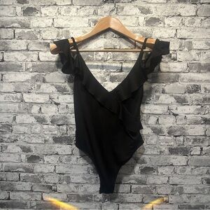 EUC Bardot Black Ruffle Bodysuit Size 6/Small